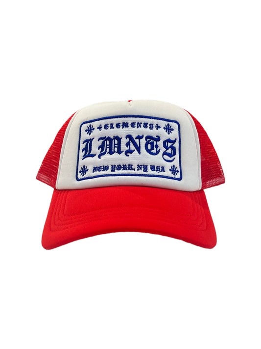 LMNTS Old English Trucker Hat (Red and White)